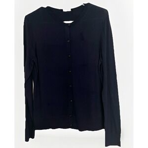 Ann Taylor Tailored Knit Navy Cardigan Sweater Ribbed Neck, Cuffs, Hem Size L